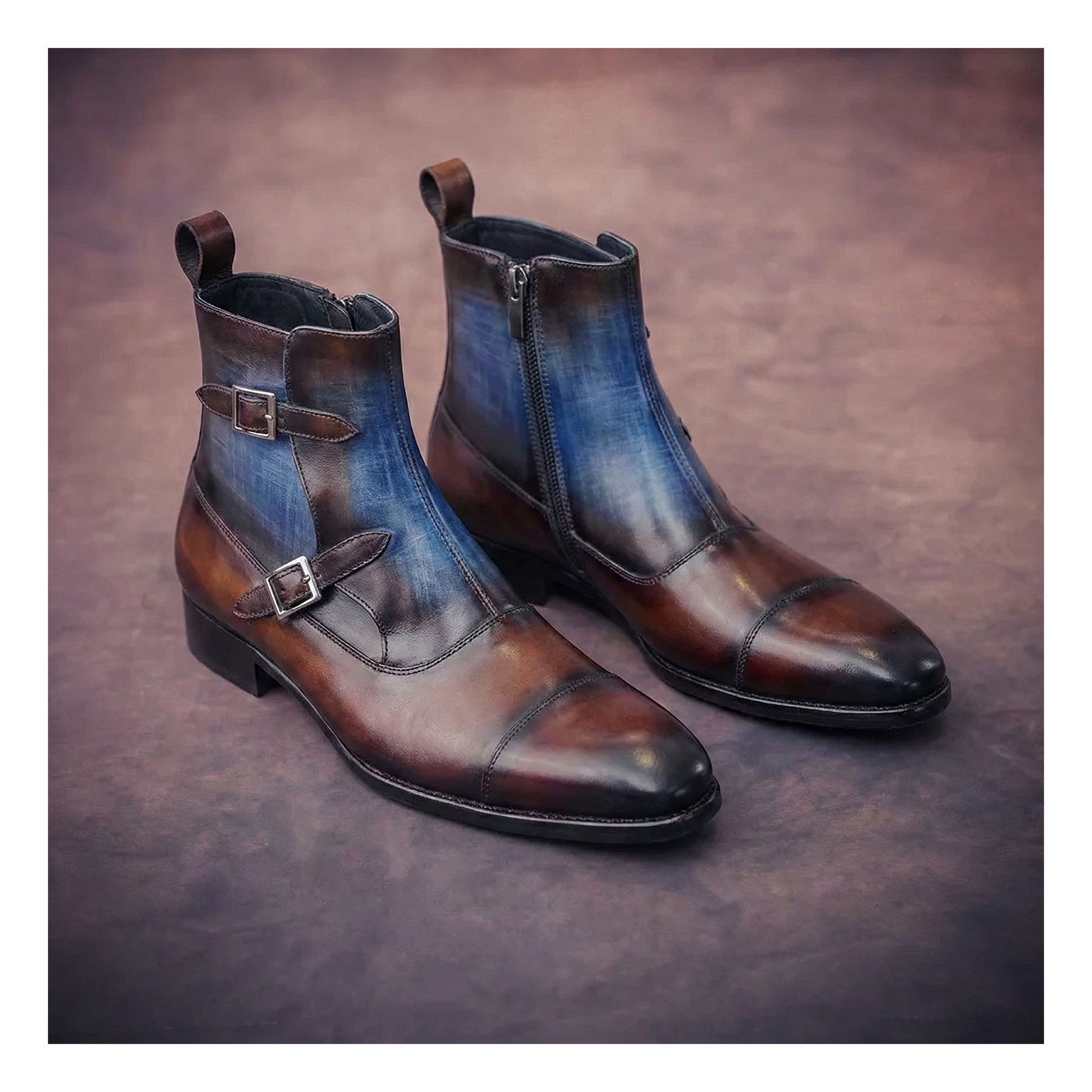 Captoe Double Monk Strap Zipper Boots - Brown & Blue