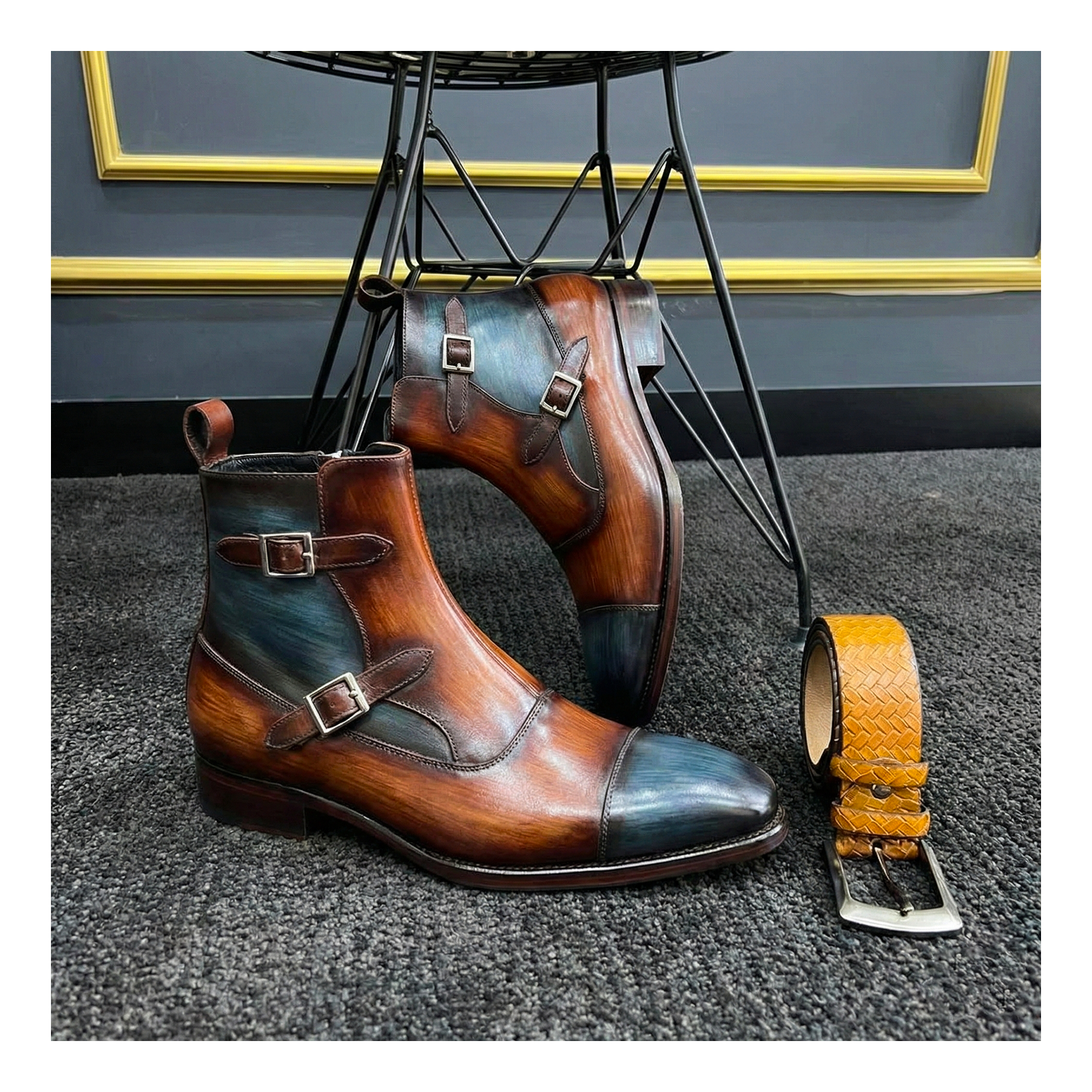 Captoe Double Monk Strap Zipper Boots - Tan & Blue