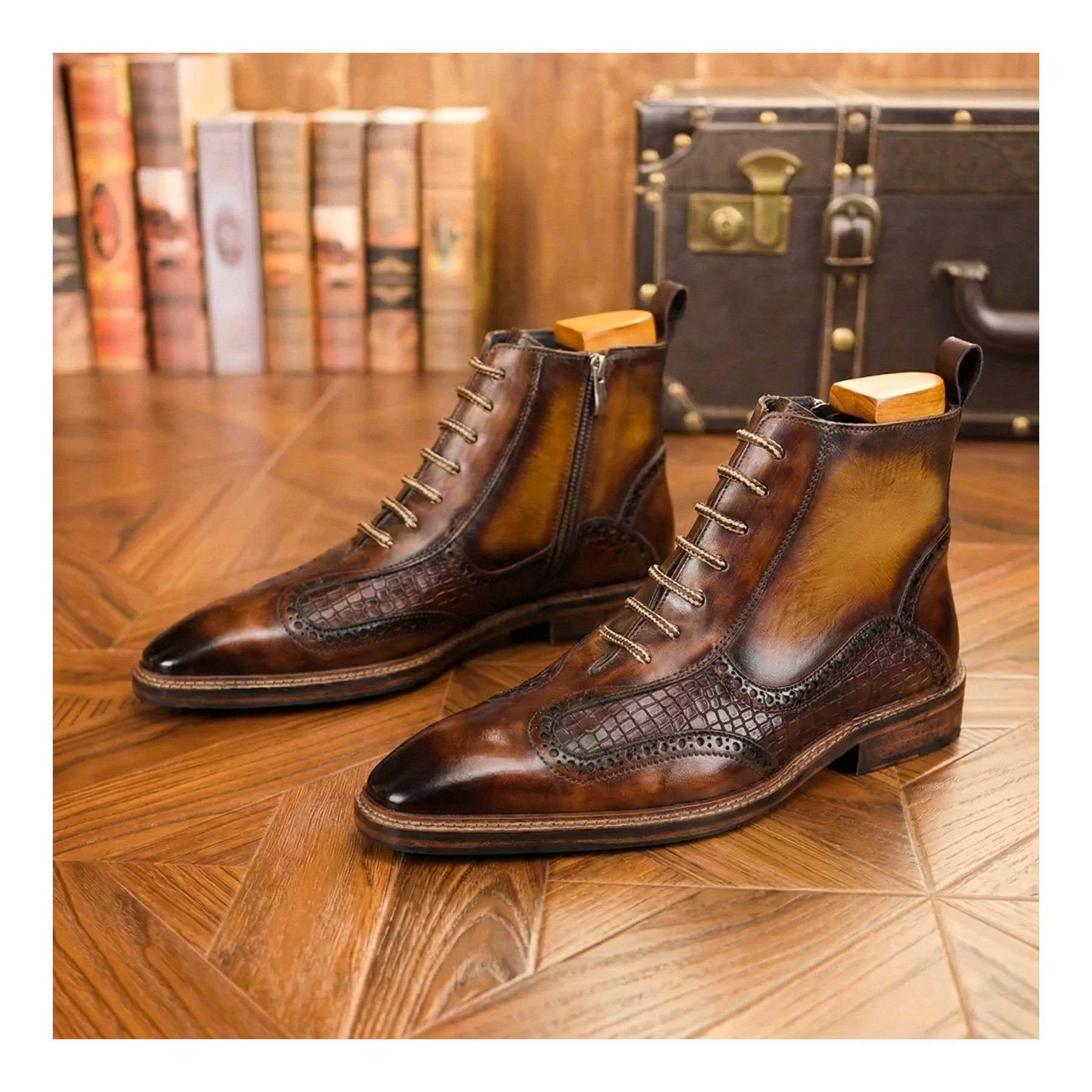 Plain Toe Lace up Boots with Zipper - Brown