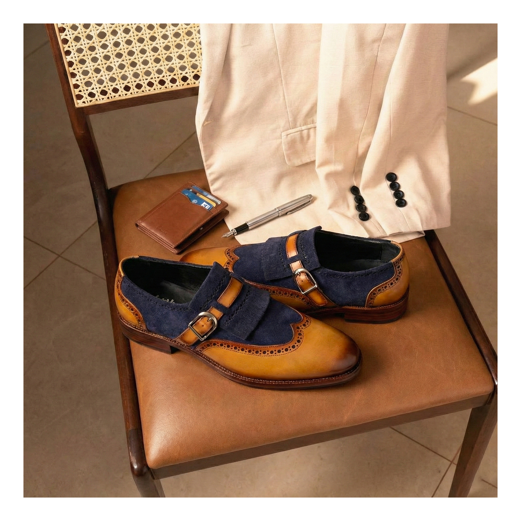 Wingtip Brogue Kiltie Monk Strap - Navy Suede