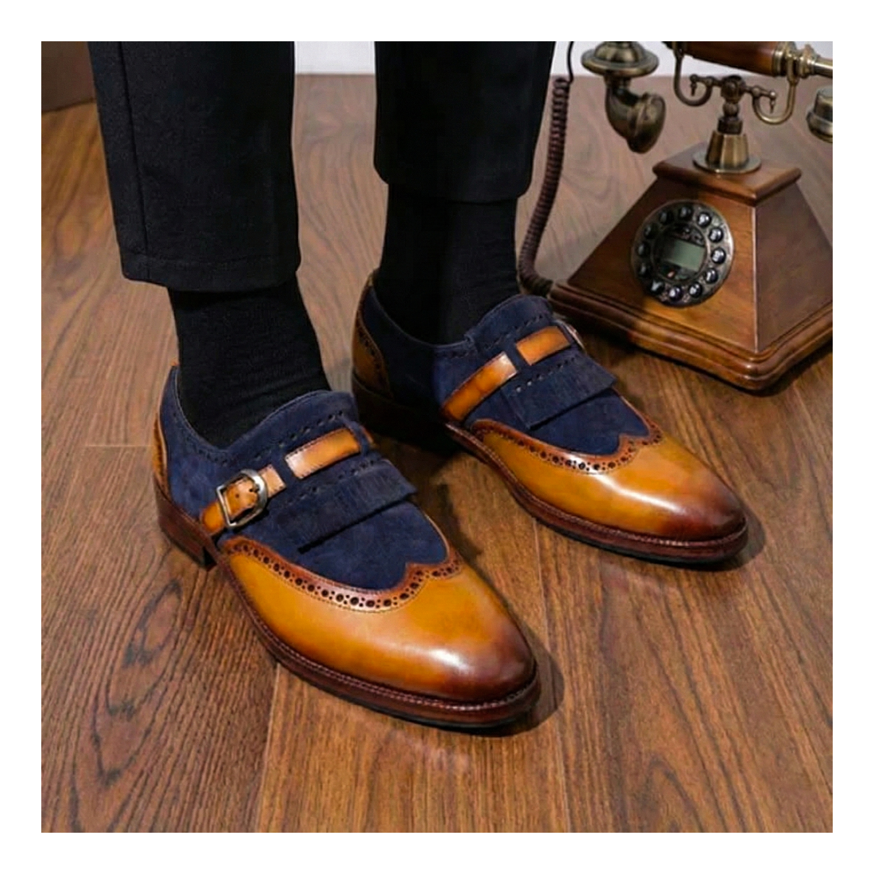 Wingtip Brogue Kiltie Monk Strap - Navy Suede