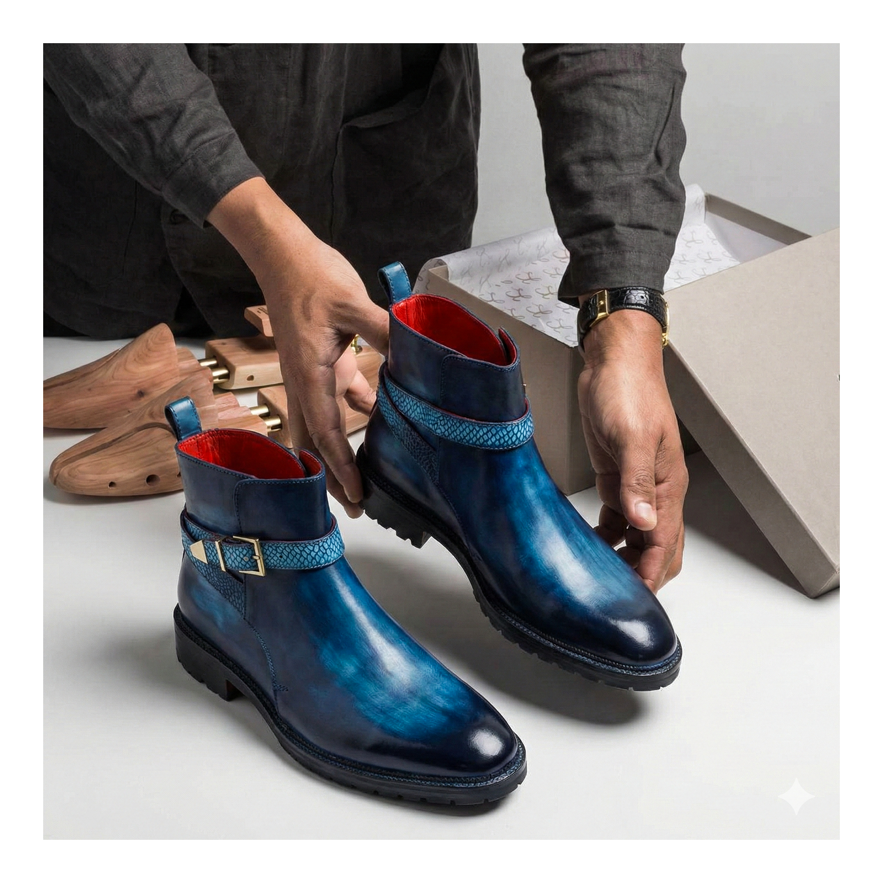 Mens Cross Strap Boots- Navy