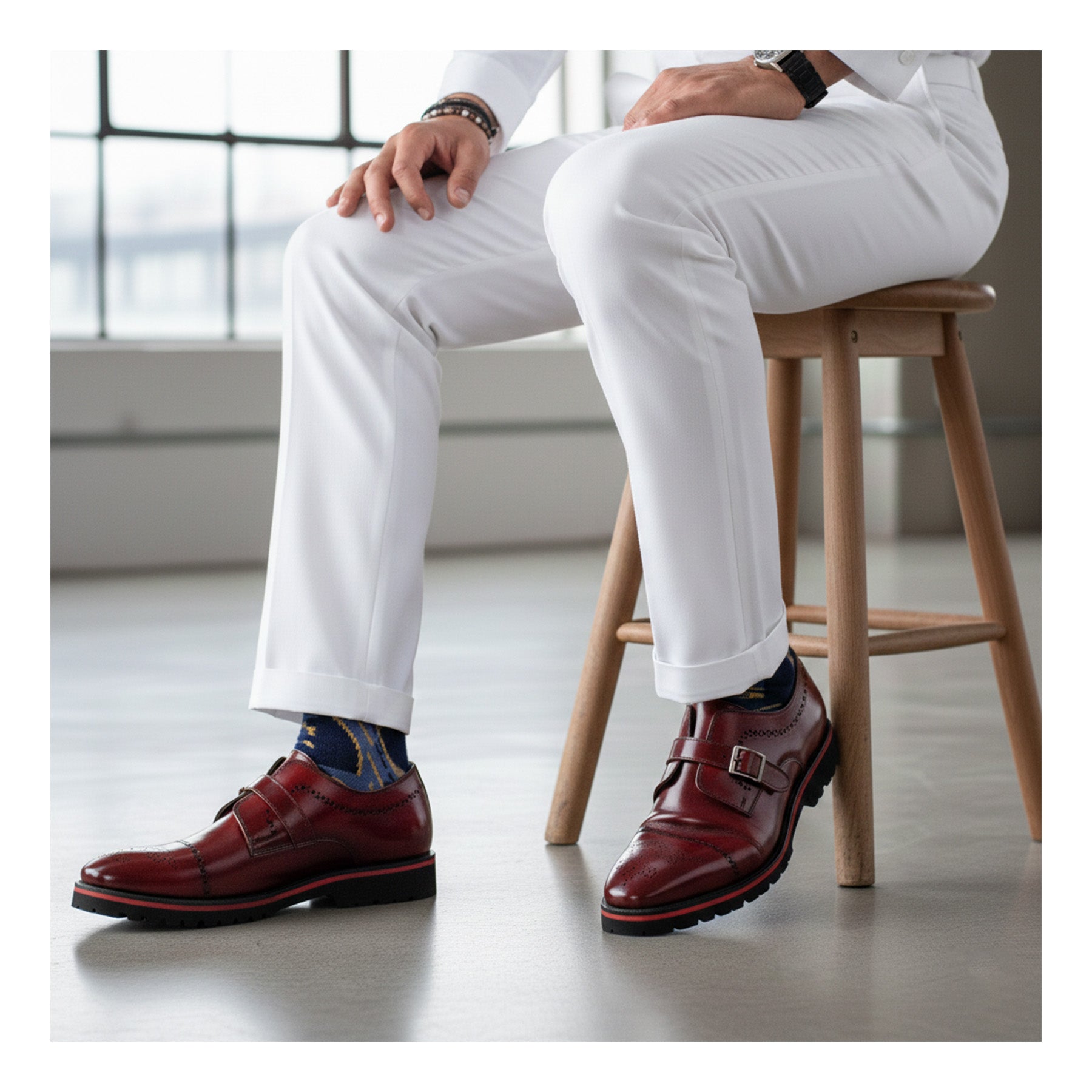 Medallion Toe Single Monk Strap - Wine Red